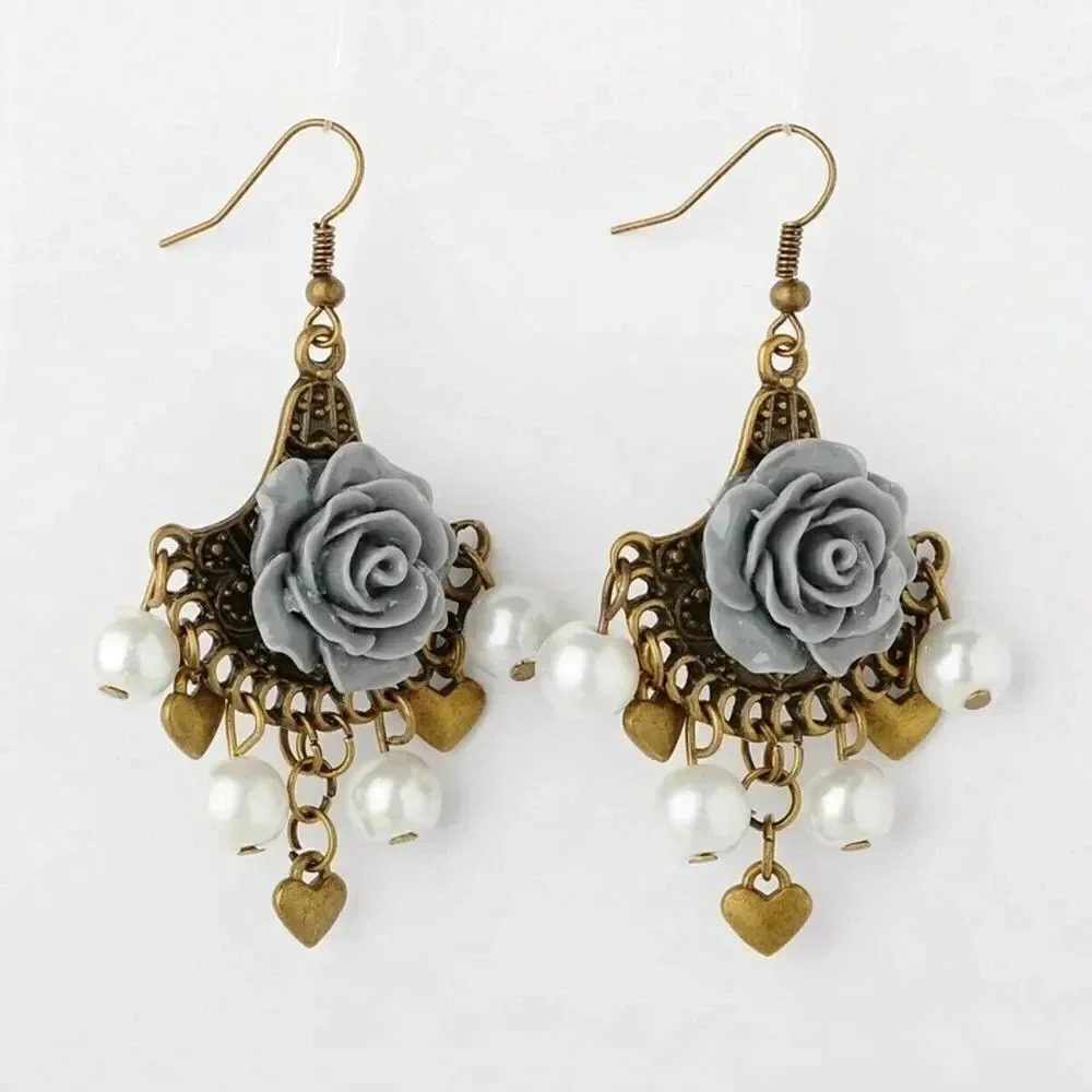 Handmade Antiqued Brass Grey Lucite Rose Cabochon and Faux Pearl Dangle Earrings
